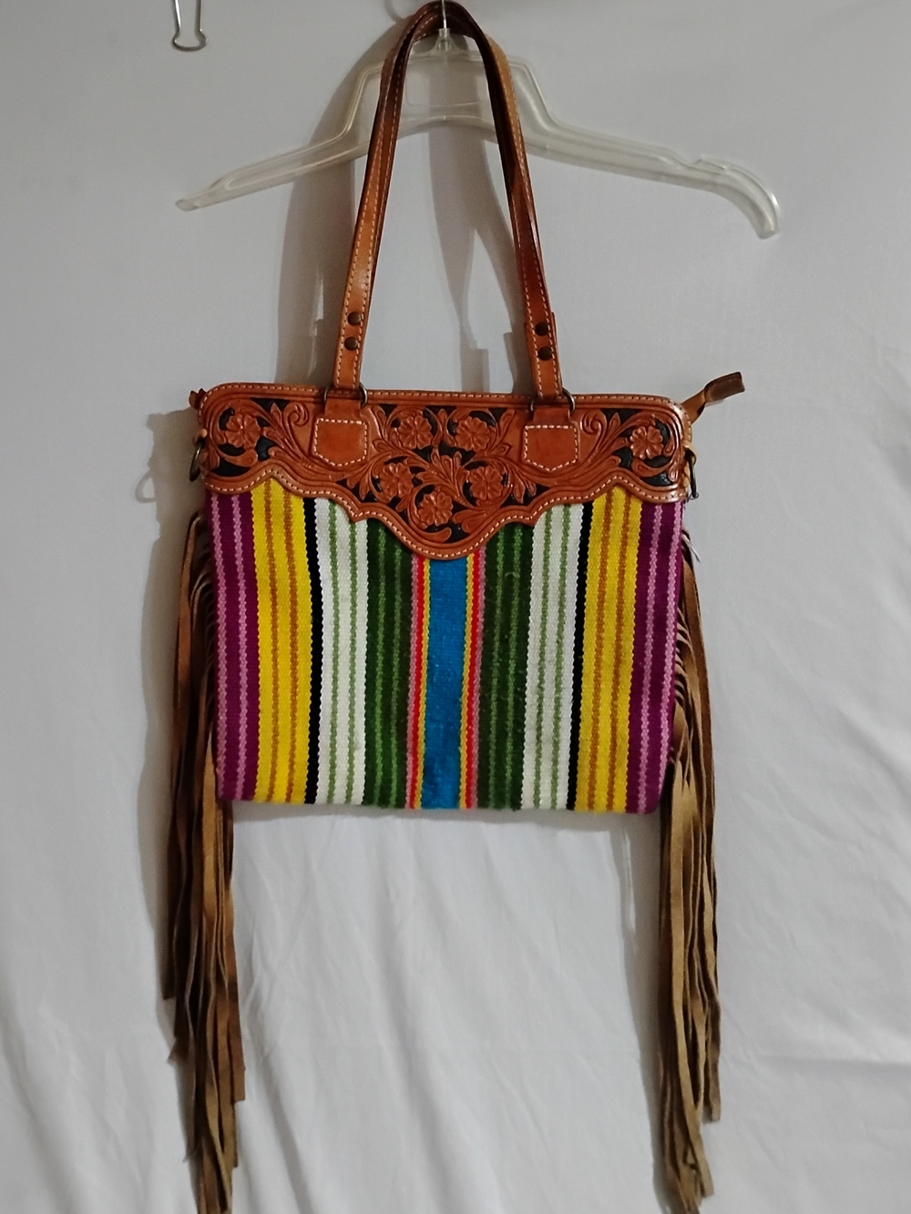 American Darling Multicolor Striped Shoulder Bag Purse with Brown Leather Trim